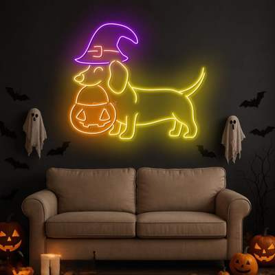 Dachshund Halloween Neon Sign by Neon.Outshine - perfect for dog lovers and festive décor.