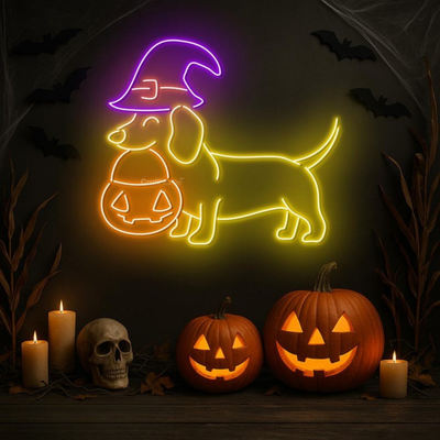Dachshund Halloween Neon Sign by Neon.Outshine - perfect for dog lovers and festive décor.