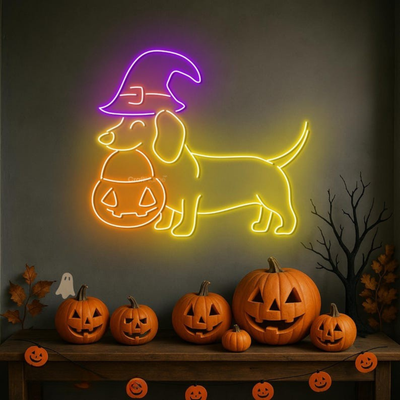 Dachshund Halloween Neon Sign by Neon.Outshine - perfect for dog lovers and festive décor.