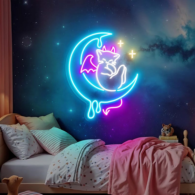 Devil Cat Moon Halloween Neon Sign by Neon.Outshine  - ideal for spooky seasonal décor and party displays.