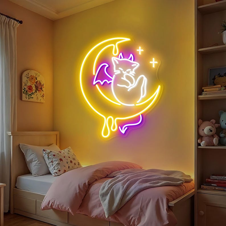 Devil Cat Moon Halloween Neon Sign by Neon.Outshine  - ideal for spooky seasonal décor and party displays.