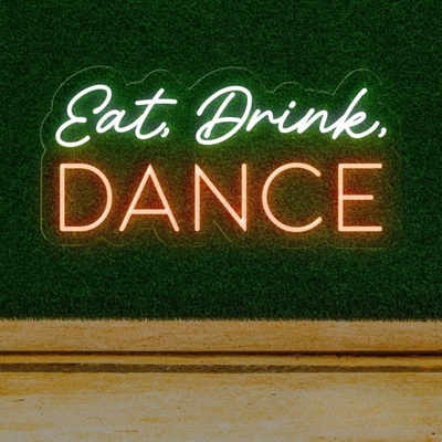 Colorful “Eat, Drink, Dance Party” neon sign glowing in bright LED lights, designed by Neon.Outshine.