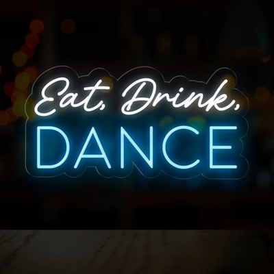 Colorful “Eat, Drink, Dance Party” neon sign glowing in bright LED lights, designed by Neon.Outshine.
