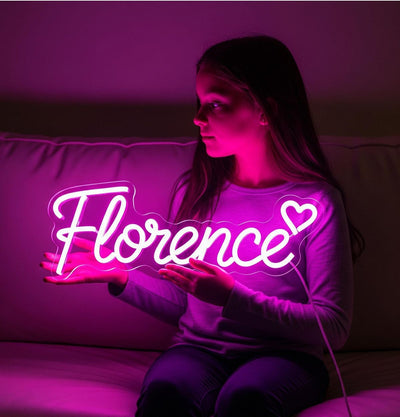 Florence' name neon sign in white LED, mounted on clear acrylic for modern home décor – Neon.Outshine.