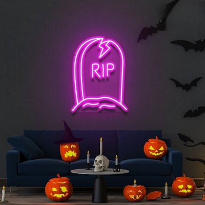 GRAVE RIP Halloween neon sign by Neon.outshine, shaped like a tombstone on clear acrylic backing, glowing in a dark spooky room."