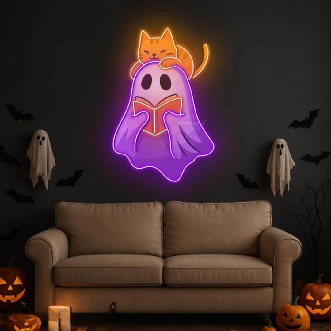Ghost Cat UV Printed Halloween Neon Sign by Neon.Outshine – glowing white and purple neon cat ghost decoration