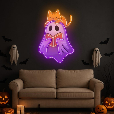Ghost Cat UV Printed Halloween Neon Sign by Neon.Outshine – glowing white and purple neon cat ghost decoration