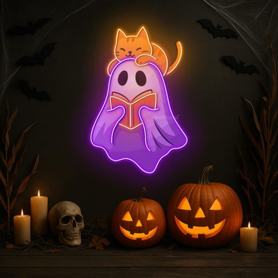 Ghost Cat UV Printed Halloween Neon Sign by Neon.Outshine – glowing white and purple neon cat ghost decoration