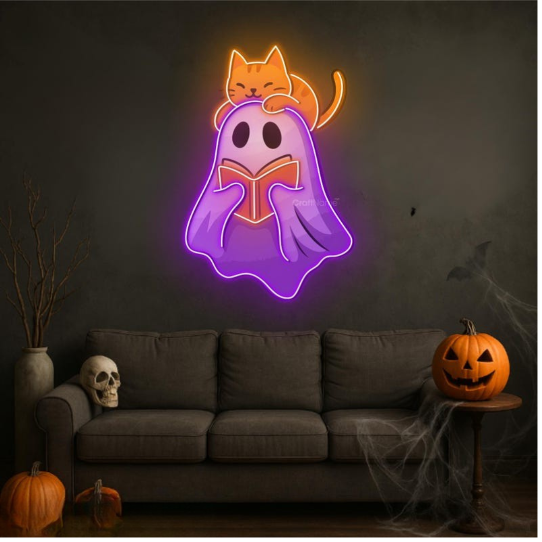 Ghost Cat UV Printed Halloween Neon Sign by Neon.Outshine – glowing white and purple neon cat ghost decoration
