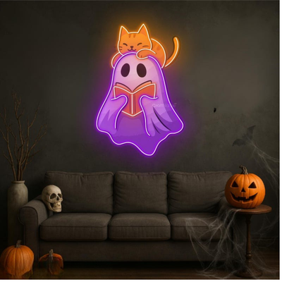Ghost Cat UV Printed Halloween Neon Sign by Neon.Outshine – glowing white and purple neon cat ghost decoration