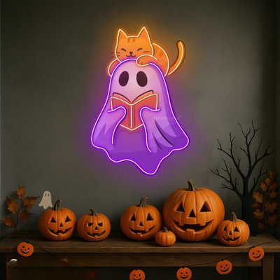 Ghost Cat UV Printed Halloween Neon Sign by Neon.Outshine – glowing white and purple neon cat ghost decoration