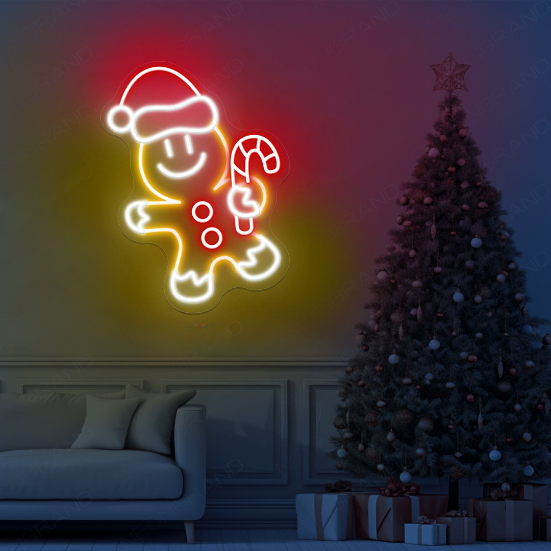 Gingerbread Christmas Neon Sign by Neon.Outshine – festive LED neon light featuring a smiling gingerbread cookie with holiday accents for Christmas décor.