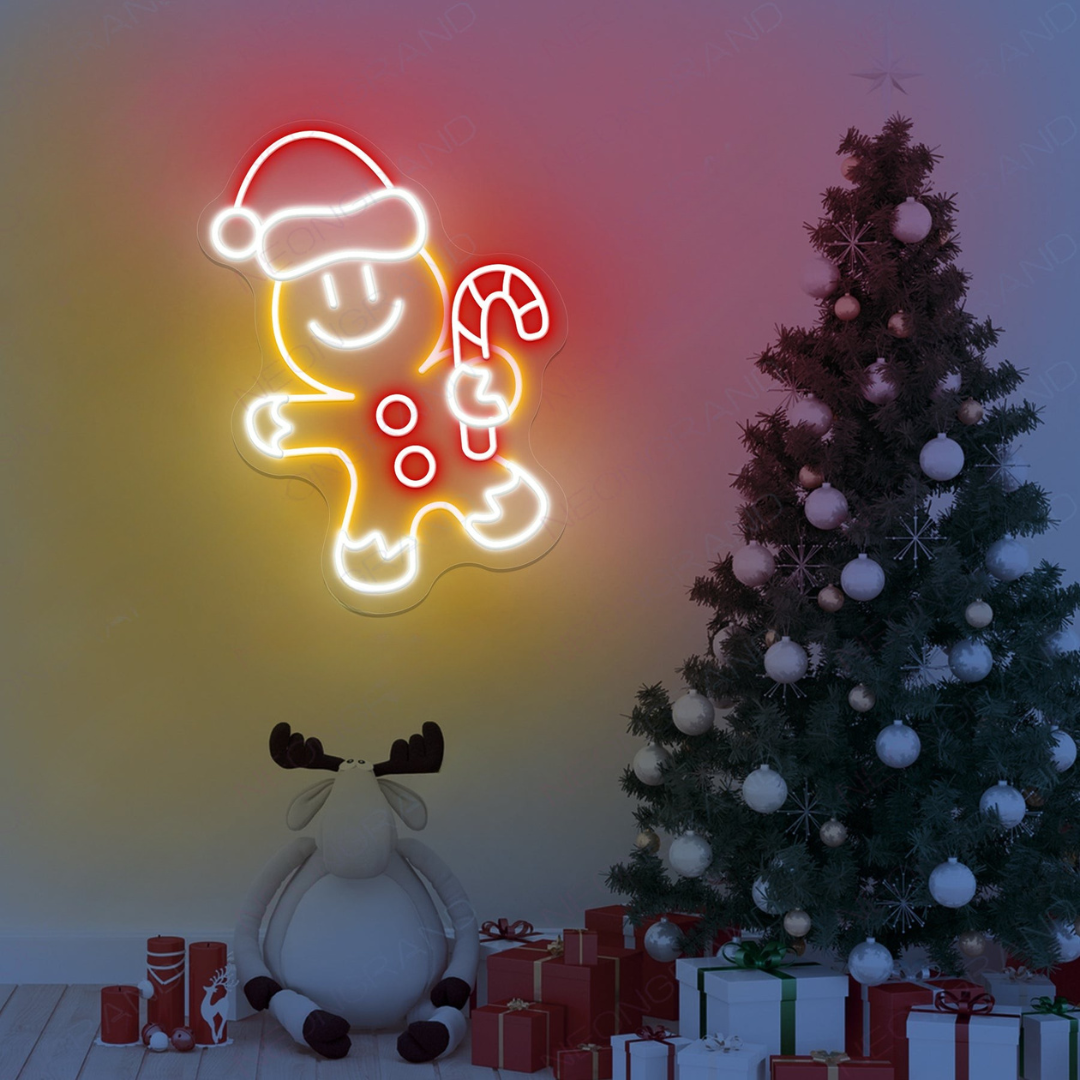 Gingerbread Christmas Neon Sign by Neon.Outshine – festive LED neon light featuring a smiling gingerbread cookie with holiday accents for Christmas décor.