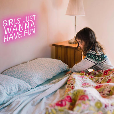 Girls Just Wanna Have Fun neon sign wall decor by Neon.Outshine, glowing LED light for room, party, or beauty salon ambiance.