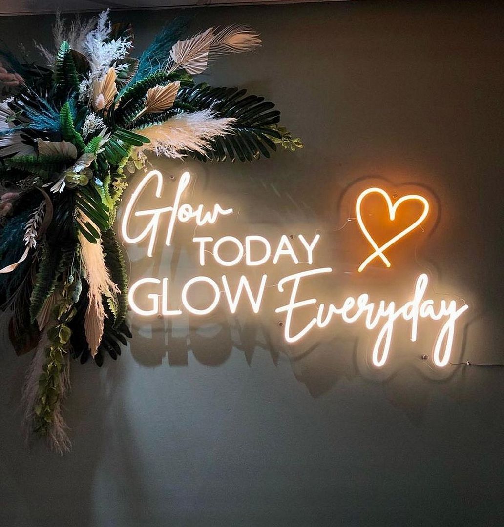 Glow Today Glow Everyday Wedding Neon Sign by Neon.Outshine glowing elegantly at a romantic wedding reception backdrop.