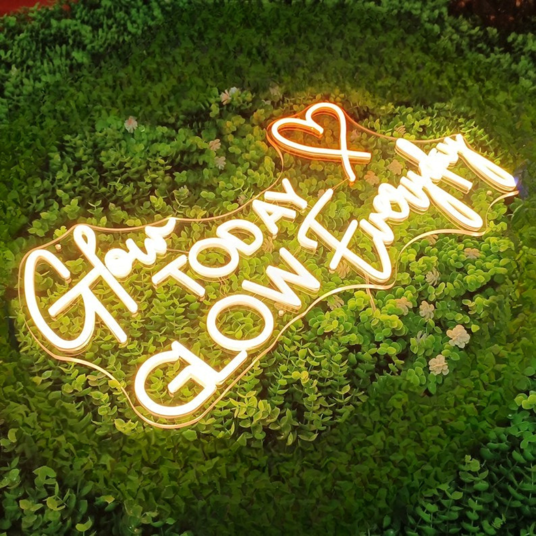 Glow Today Glow Everyday Wedding Neon Sign by Neon.Outshine glowing elegantly at a romantic wedding reception backdrop.