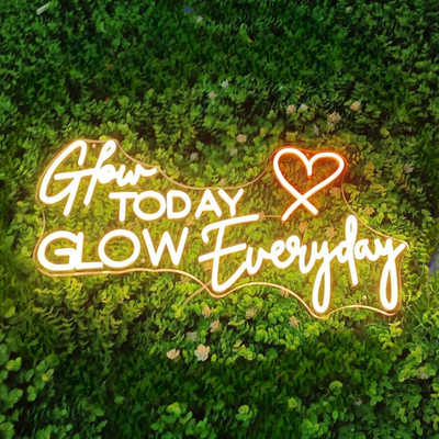 Glow Today Glow Everyday Wedding Neon Sign by Neon.Outshine glowing elegantly at a romantic wedding reception backdrop.