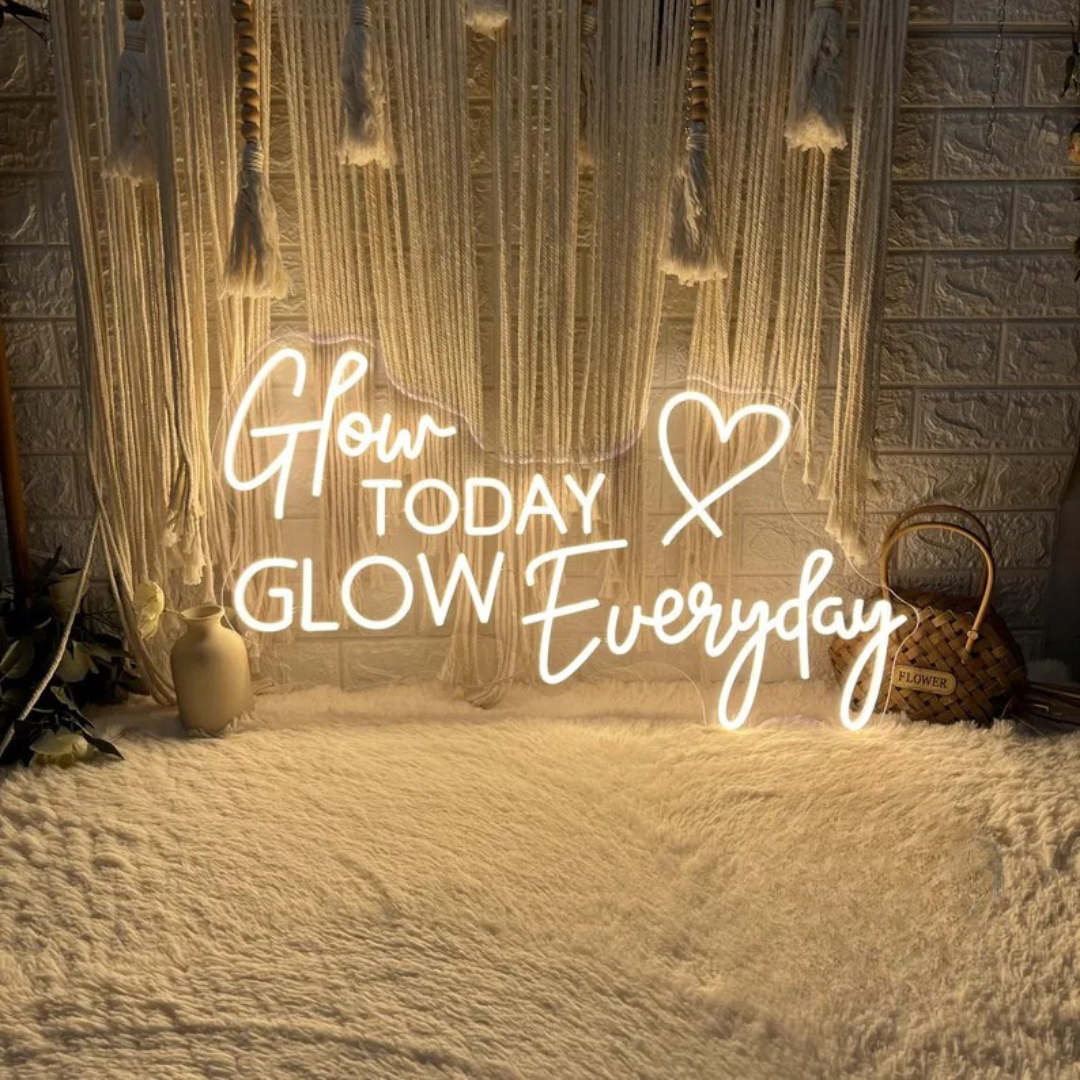 Glow Today Glow Everyday Wedding Neon Sign by Neon.Outshine glowing elegantly at a romantic wedding reception backdrop.