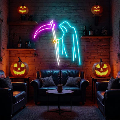 Grim Reaper Halloween neon sign by Neon.Outshine featuring scythe silhouette and glowing red LED lights on clear acrylic backing