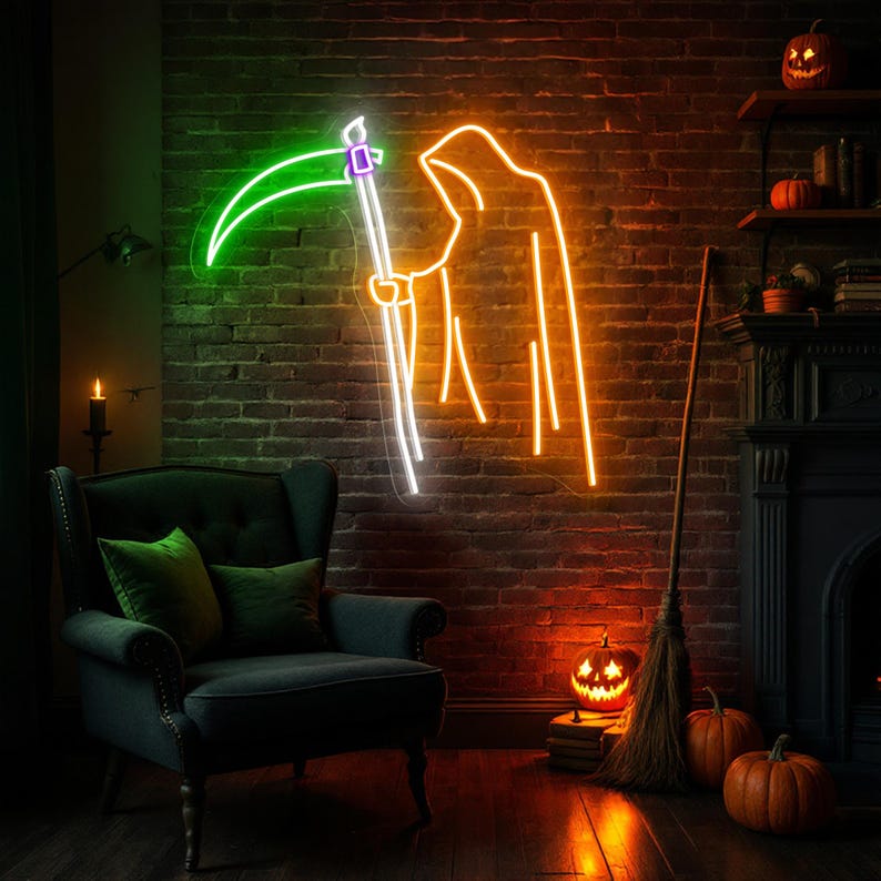 Grim Reaper Halloween neon sign by Neon.Outshine featuring scythe silhouette and glowing red LED lights on clear acrylic backing