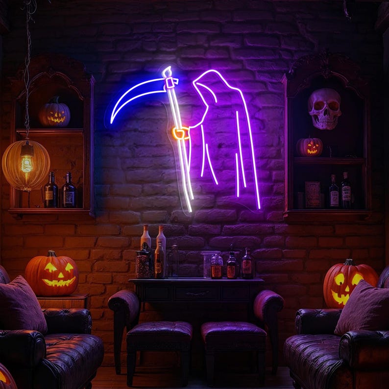 Grim Reaper Halloween neon sign by Neon.Outshine featuring scythe silhouette and glowing red LED lights on clear acrylic backing