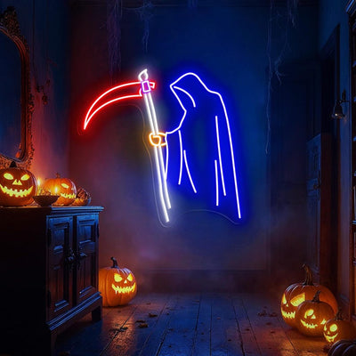 Grim Reaper Halloween neon sign by Neon.Outshine featuring scythe silhouette and glowing red LED lights on clear acrylic backing