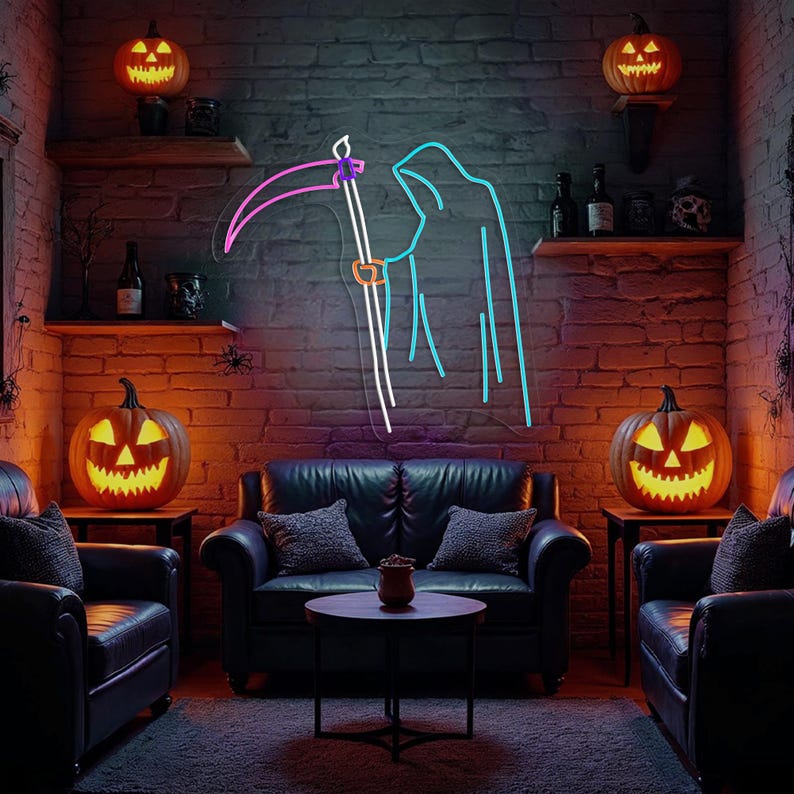 Grim Reaper Halloween neon sign by Neon.Outshine featuring scythe silhouette and glowing red LED lights on clear acrylic backing