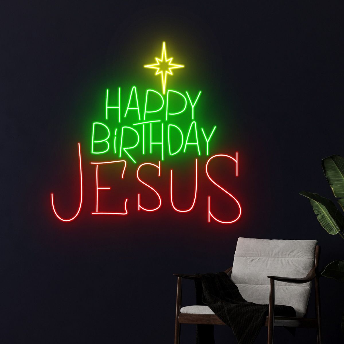 Happy Birthday Jesus Christmas Neon Sign by Neon.Outshine –  in festive holiday colors for Christmas décor.