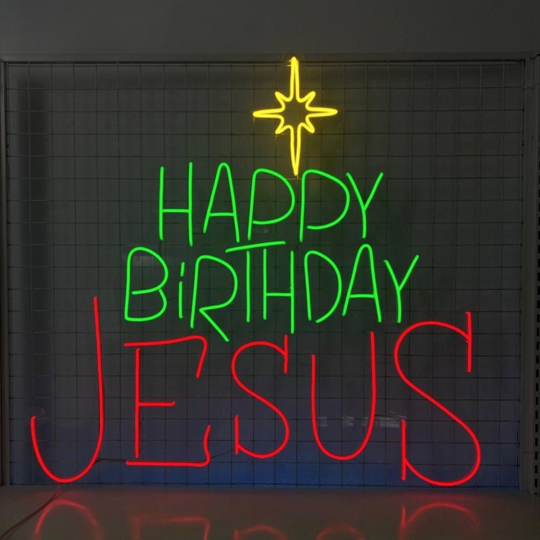 Happy Birthday Jesus Christmas Neon Sign by Neon.Outshine –  in festive holiday colors for Christmas décor.