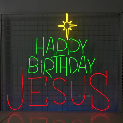 Happy Birthday Jesus Christmas Neon Sign by Neon.Outshine –  in festive holiday colors for Christmas décor.