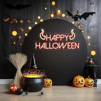 Happy Halloween Neon Sign by Neon.Outshine glowing orange and white LED festive wall décor for Halloween parties, trick-or-treat entrances, bars, and home displays.