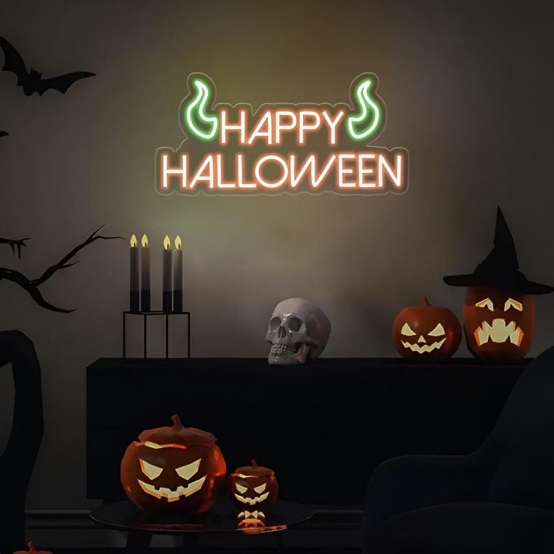 Happy Halloween Neon Sign by Neon.Outshine glowing orange and white LED festive wall décor for Halloween parties, trick-or-treat entrances, bars, and home displays.