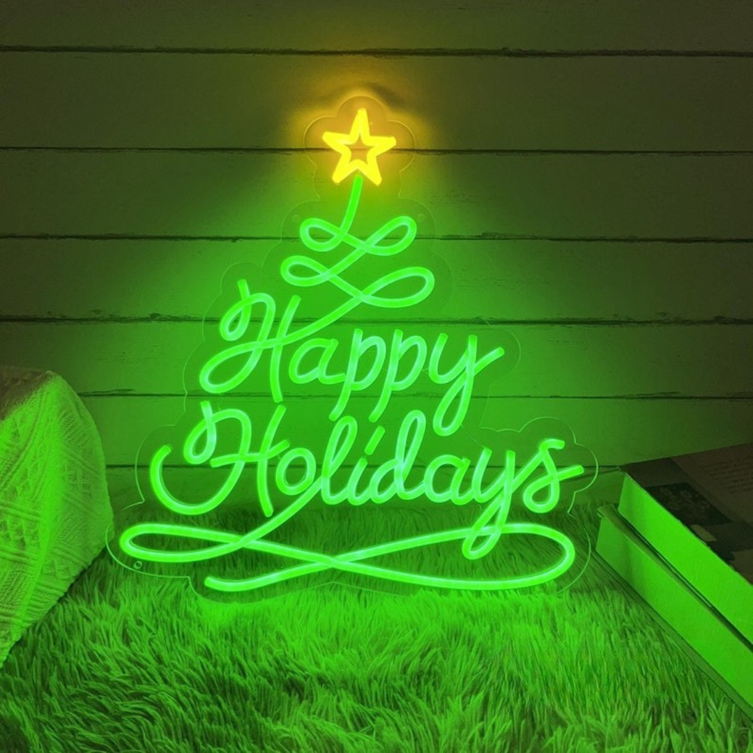 Happy Holidays Christmas Neon Sign by Neon.Outshine glowing warmly in festive colors for seasonal décor.