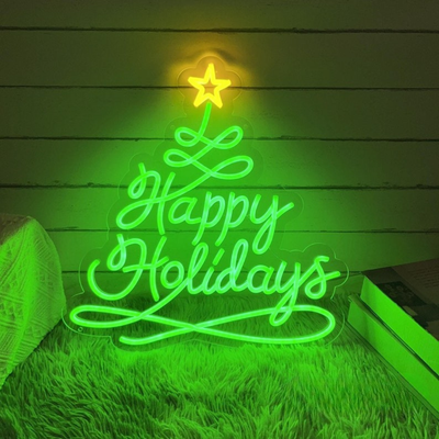 Happy Holidays Christmas Neon Sign by Neon.Outshine glowing warmly in festive colors for seasonal décor.