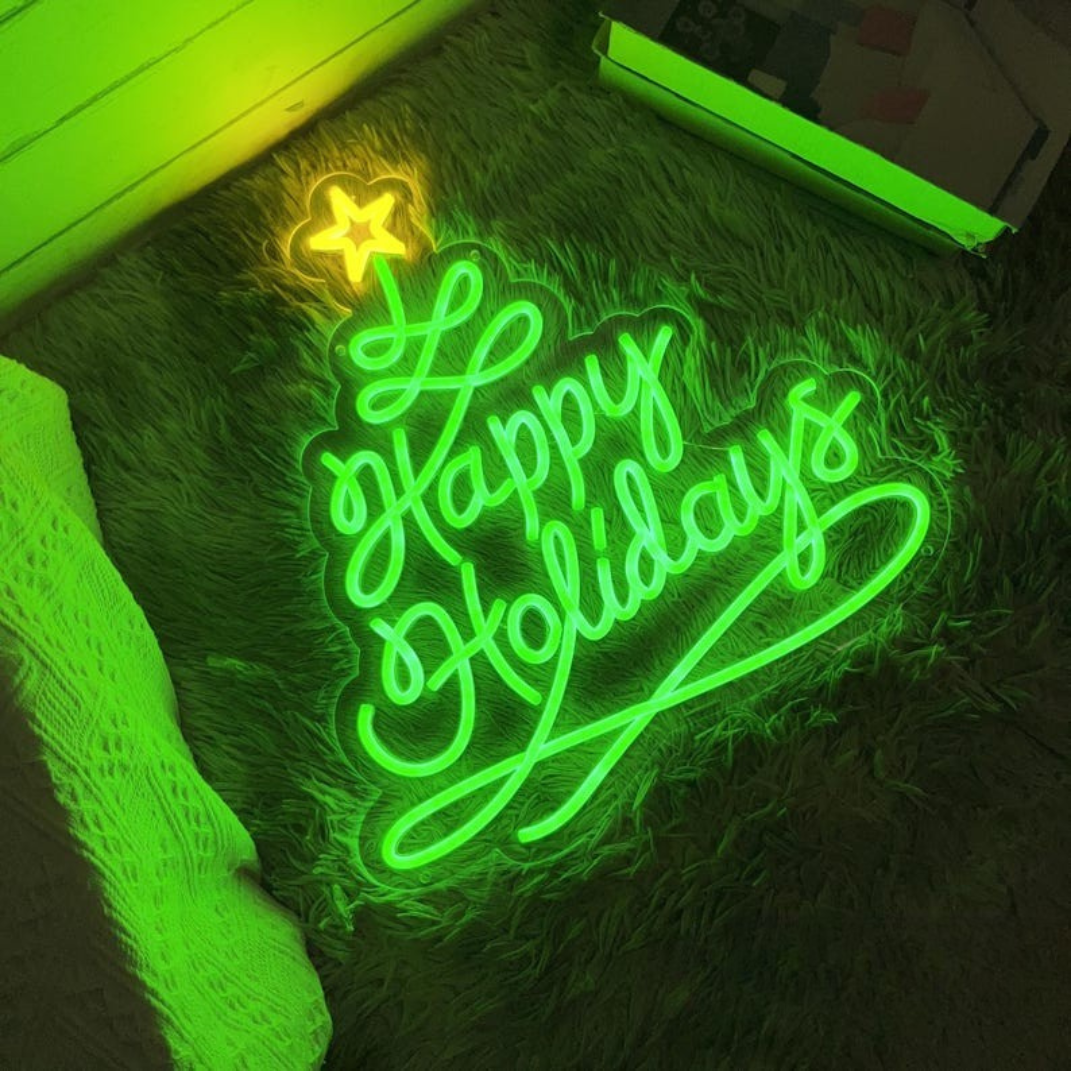 Happy Holidays Christmas Neon Sign by Neon.Outshine glowing warmly in festive colors for seasonal décor.