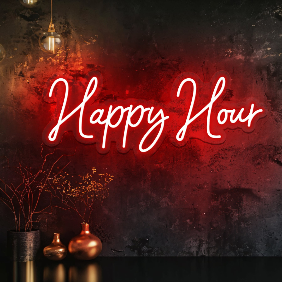 Happy Hour” LED neon sign glowing in bright yellow above a home bar setup — handcrafted by Neon.Outshine for parties and social spaces.