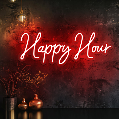 Happy Hour” LED neon sign glowing in bright yellow above a home bar setup — handcrafted by Neon.Outshine for parties and social spaces.