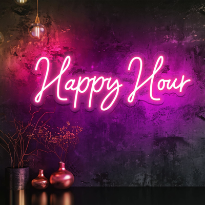 Happy Hour” LED neon sign glowing in bright yellow above a home bar setup — handcrafted by Neon.Outshine for parties and social spaces.