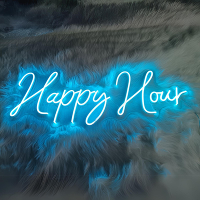 Happy Hour” LED neon sign glowing in bright yellow above a home bar setup — handcrafted by Neon.Outshine for parties and social spaces.