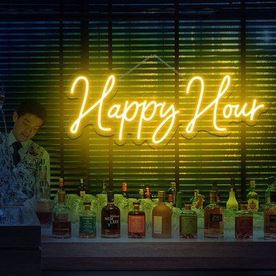 Happy Hour” LED neon sign glowing in bright yellow above a home bar setup — handcrafted by Neon.Outshine for parties and social spaces.