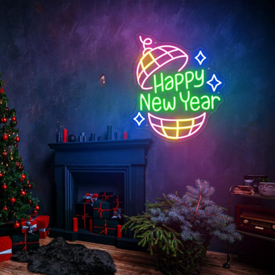 Happy New Year Neon sign glowing in LED light, mounted on clear acrylic – festive New Year’s Eve wall decor by Neon.Outshine