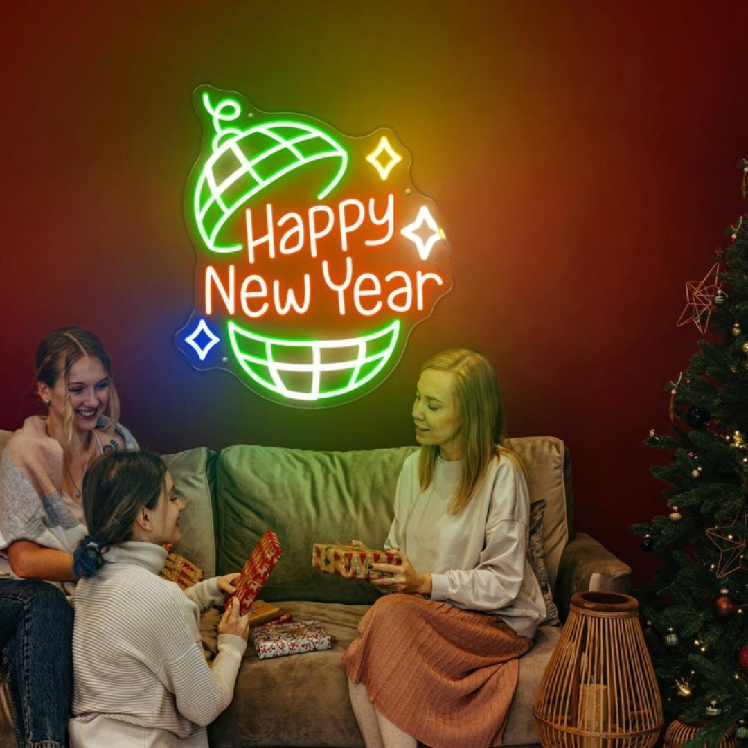 Happy New Year Neon sign glowing in LED light, mounted on clear acrylic – festive New Year’s Eve wall decor by Neon.Outshine
