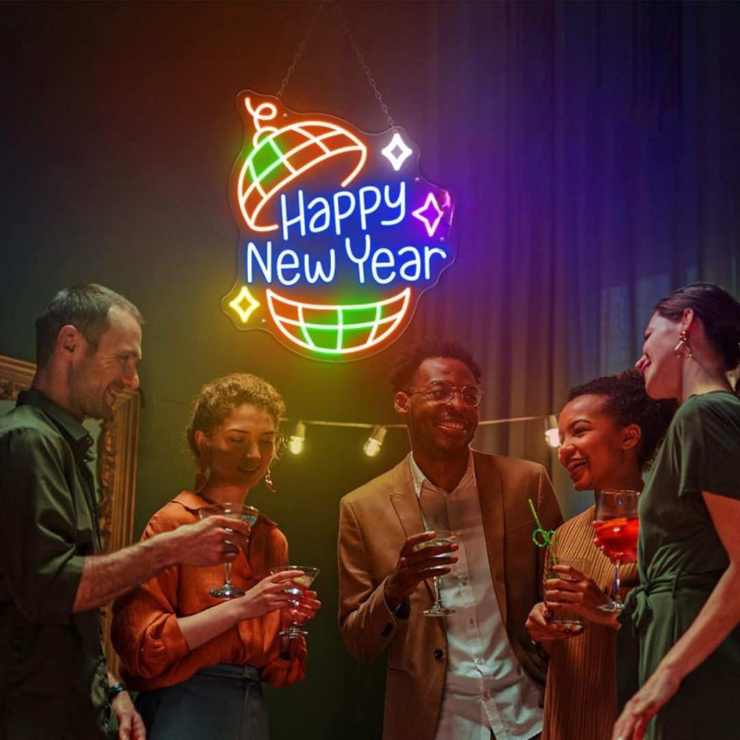 Happy New Year Neon sign glowing in LED light, mounted on clear acrylic – festive New Year’s Eve wall decor by Neon.Outshine