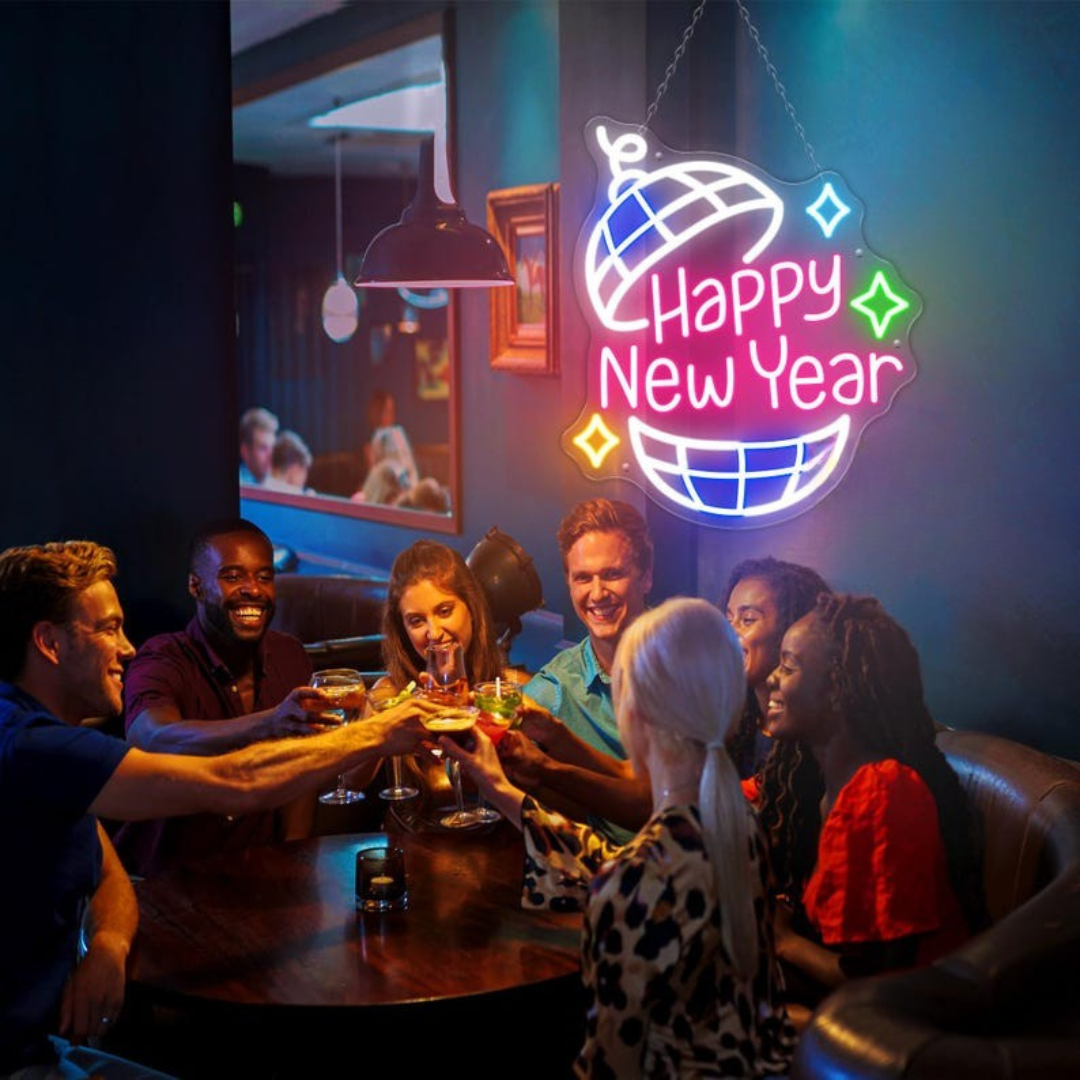 Happy New Year Neon sign glowing in LED light, mounted on clear acrylic – festive New Year’s Eve wall decor by Neon.Outshine