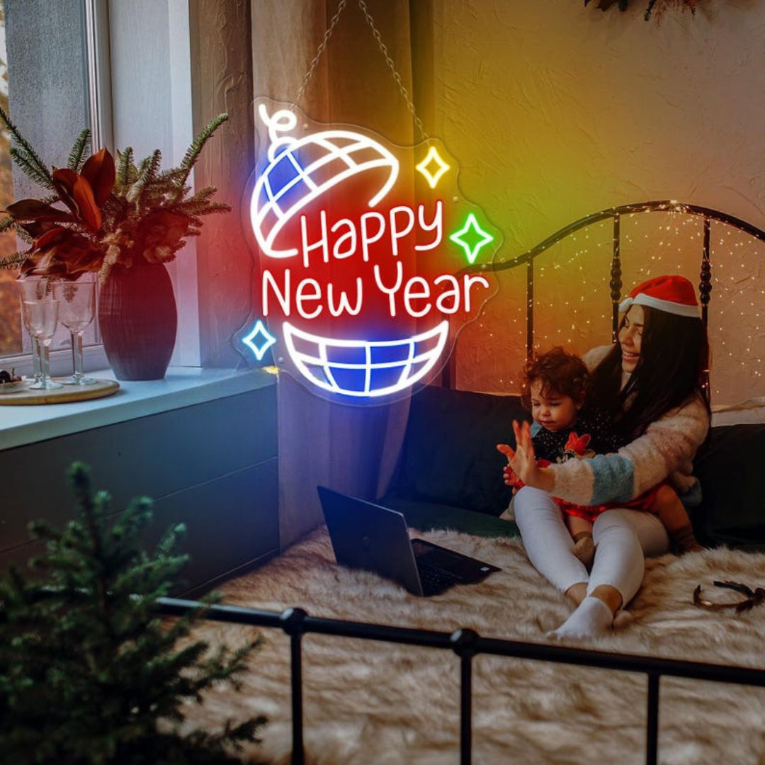 Happy New Year Neon sign glowing in LED light, mounted on clear acrylic – festive New Year’s Eve wall decor by Neon.Outshine