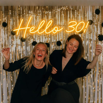 Hello 30” neon sign in bright LED light, mounted on a clear acrylic board – birthday wall décor by Neon.Outshine for 30th celebrations