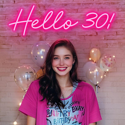Hello 30” neon sign in bright LED light, mounted on a clear acrylic board – birthday wall décor by Neon.Outshine for 30th celebrations