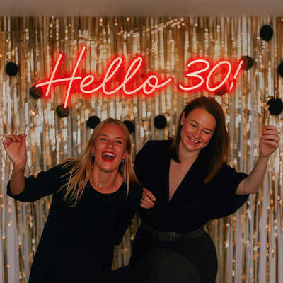 Hello 30” neon sign in bright LED light, mounted on a clear acrylic board – birthday wall décor by Neon.Outshine for 30th celebrations