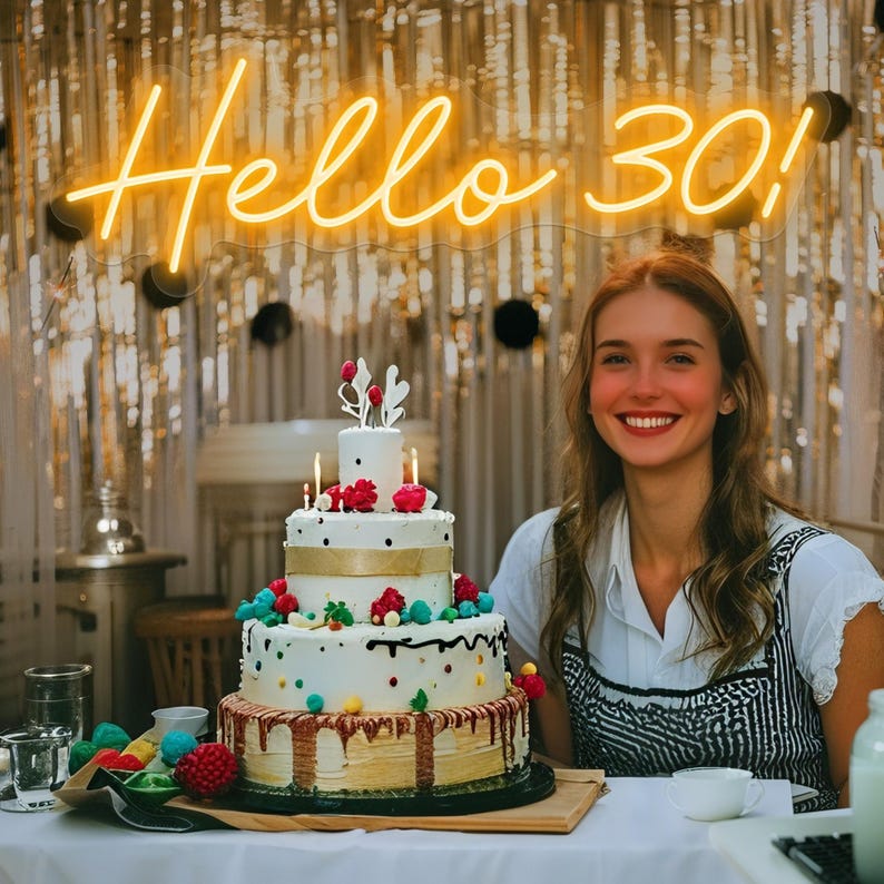 Hello 30” neon sign in bright LED light, mounted on a clear acrylic board – birthday wall décor by Neon.Outshine for 30th celebrations
