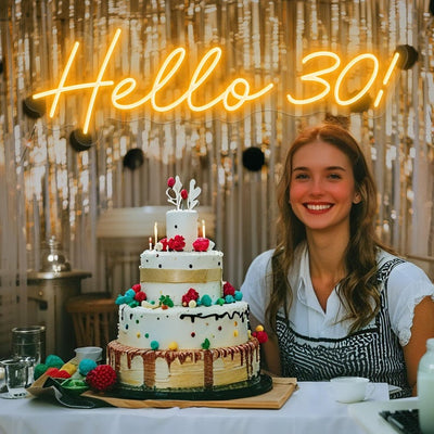 Hello 30” neon sign in bright LED light, mounted on a clear acrylic board – birthday wall décor by Neon.Outshine for 30th celebrations
